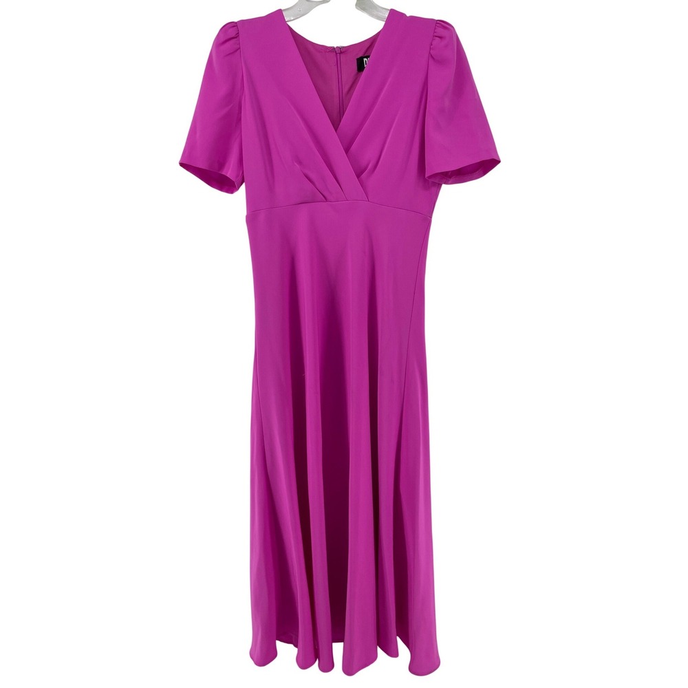 DKNY Midi Dress Womens 4 Magenta Pink V-Neck Short Sleeve Wedding Guest Easter